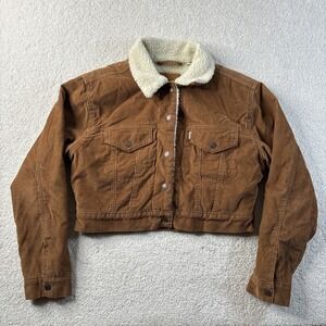 Levis Corduroy Jacket Women's Medium Brown Cropped Sherpa Lined Snap Front Truck